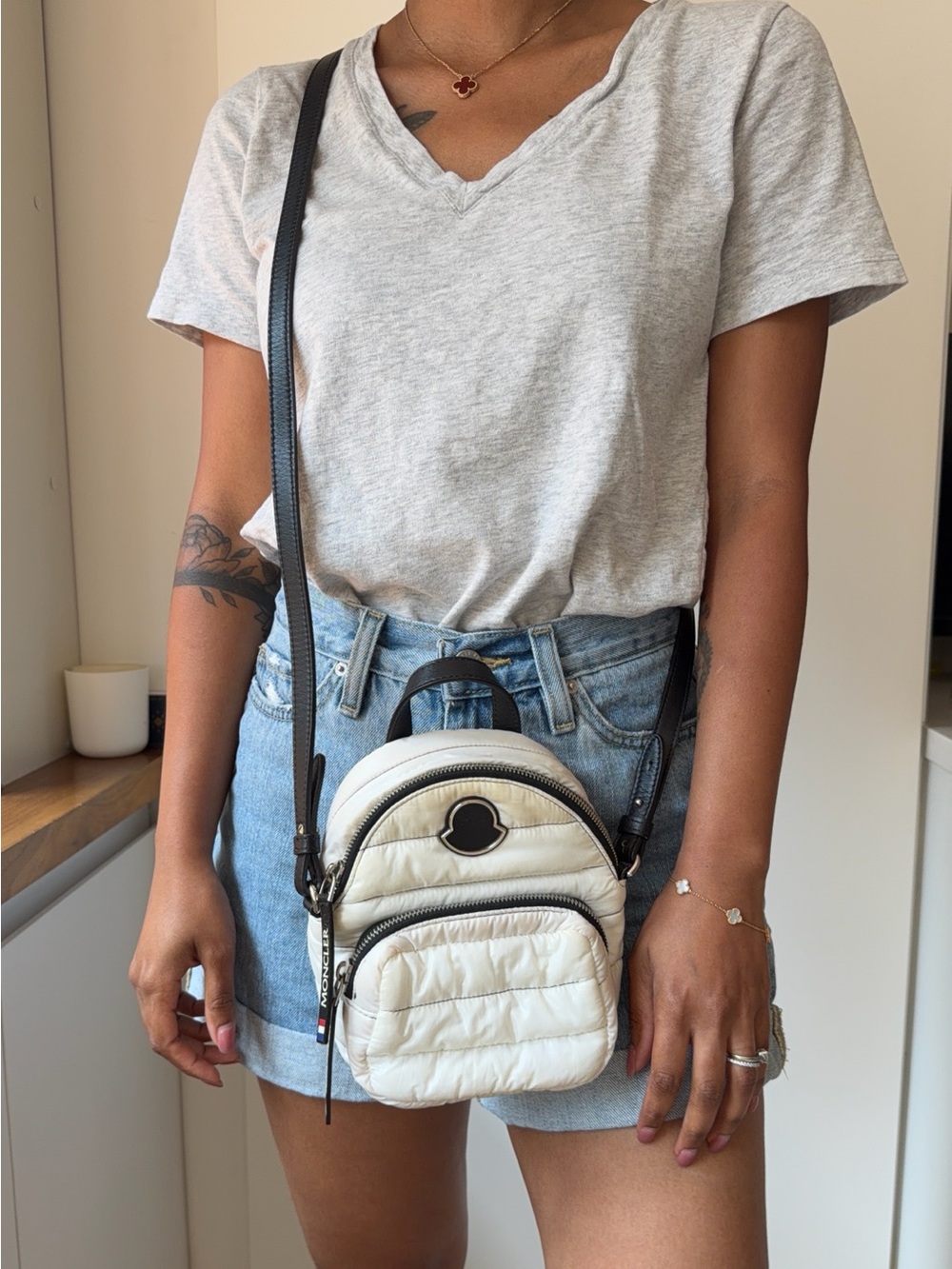 Moncler Quilted Mini Crossbody Bag in Cream with Black Strap